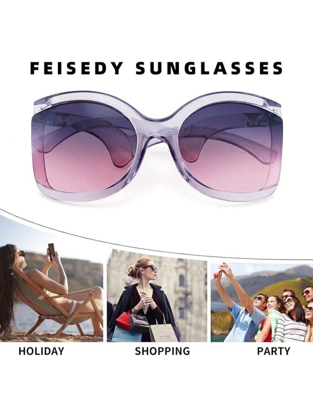 Women's Oversized Square Sunglasses Curly Arm Frame Shades B4035 Grey Purple